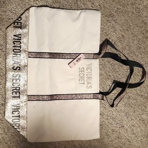 NwT/ Victoria's Secret Gold Glitter Sparkle Cotton Canvas Beach Tote/Bag